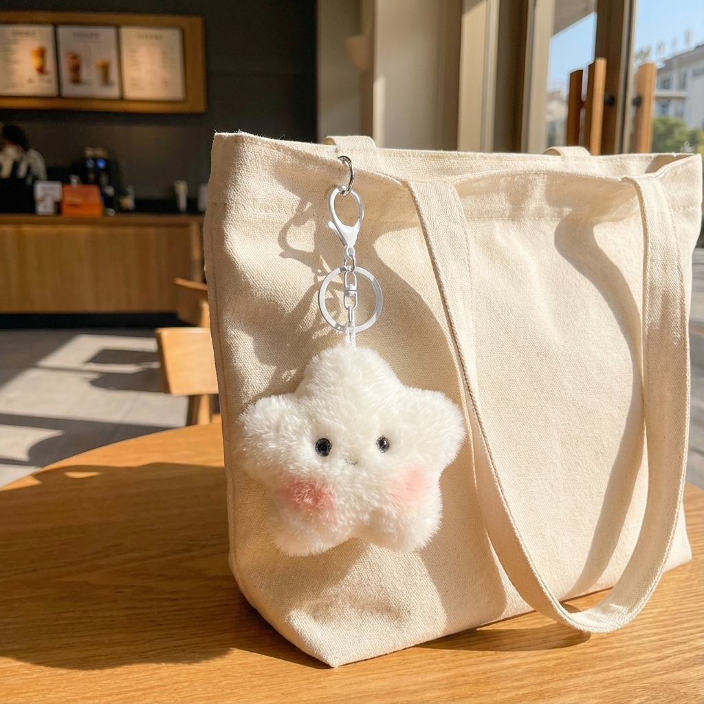 Cream star plush keychain with pink cheeks clipped to a cream canvas tote bag in sunlight.