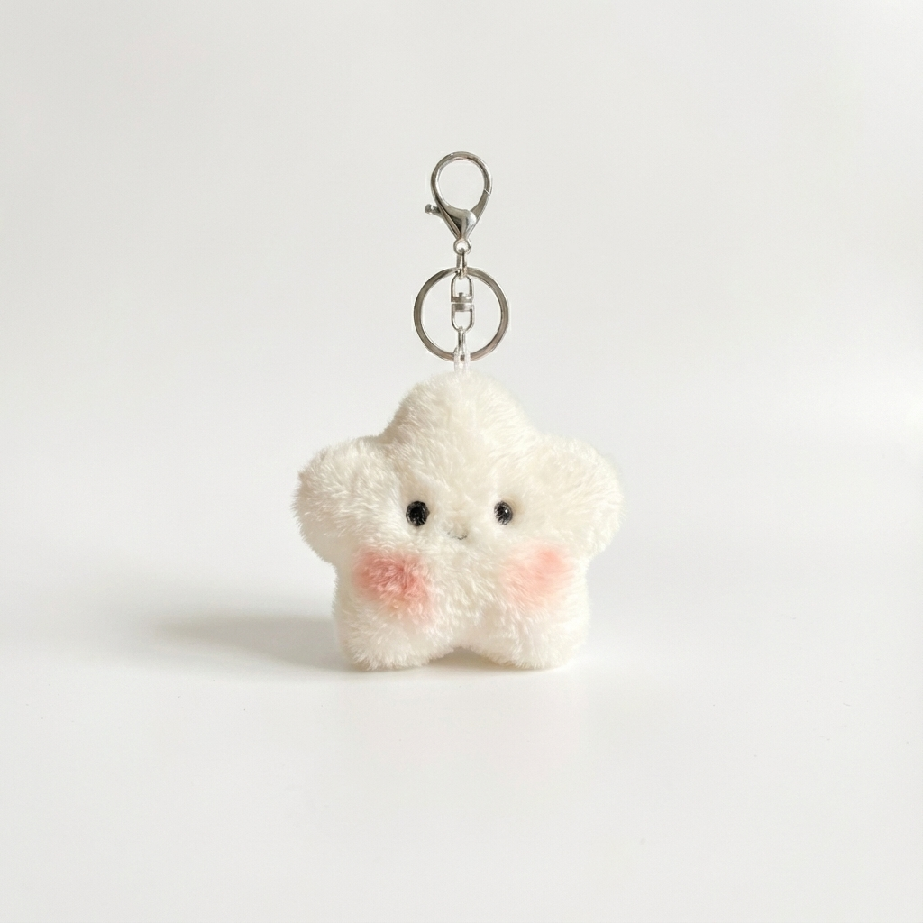 Front view of a cream star plush keychain with pink cheeks and a silver clasp on a white background.