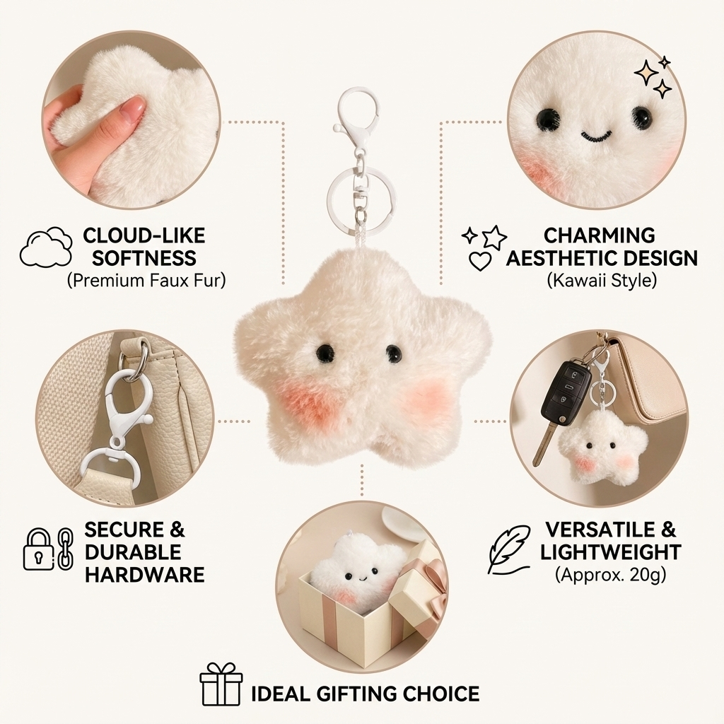 Star plush keychain feature graphic showing fluffy texture, smiling face, metal clasp, bag attachment and gift packaging.